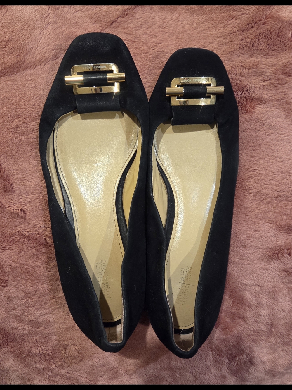 Michael Kors Black Suede Ballet Flats with Gold Buckles